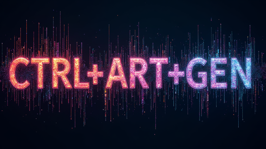 The text 'CTRL+ART+GEN' styled as a command line input, possibly with a blinking cursor or a processing animation effect. Abstract generative art patterns (such as neural network visualizations, colorful data streams, or evolving geometric shapes) visually 'output' or emanate from this command text across the t-shirt surface.