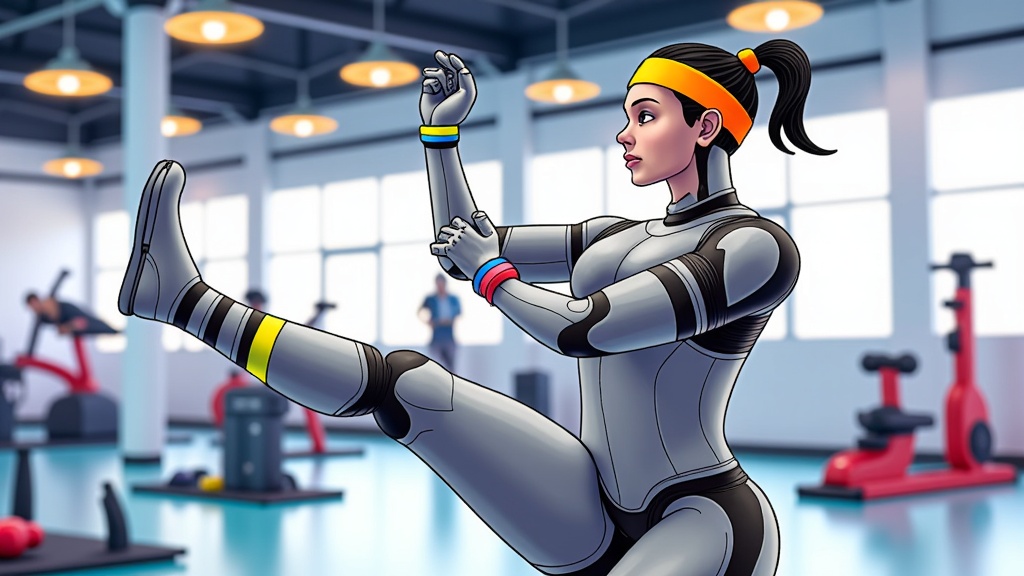  a young woman in a gym. She is wearing a futuristic suit with a yellow headband and black gloves. The suit has a metallic finish and appears to be made of a shiny material. The woman is in the middle of a kickboxing exercise, with her left leg extended behind her and her right leg bent at the knee. She has a determined expression on her face and is looking towards the right side of the image. In the background, there are various exercise machines and other people working out. The gym has large windows and bright lights hanging from the ceiling.