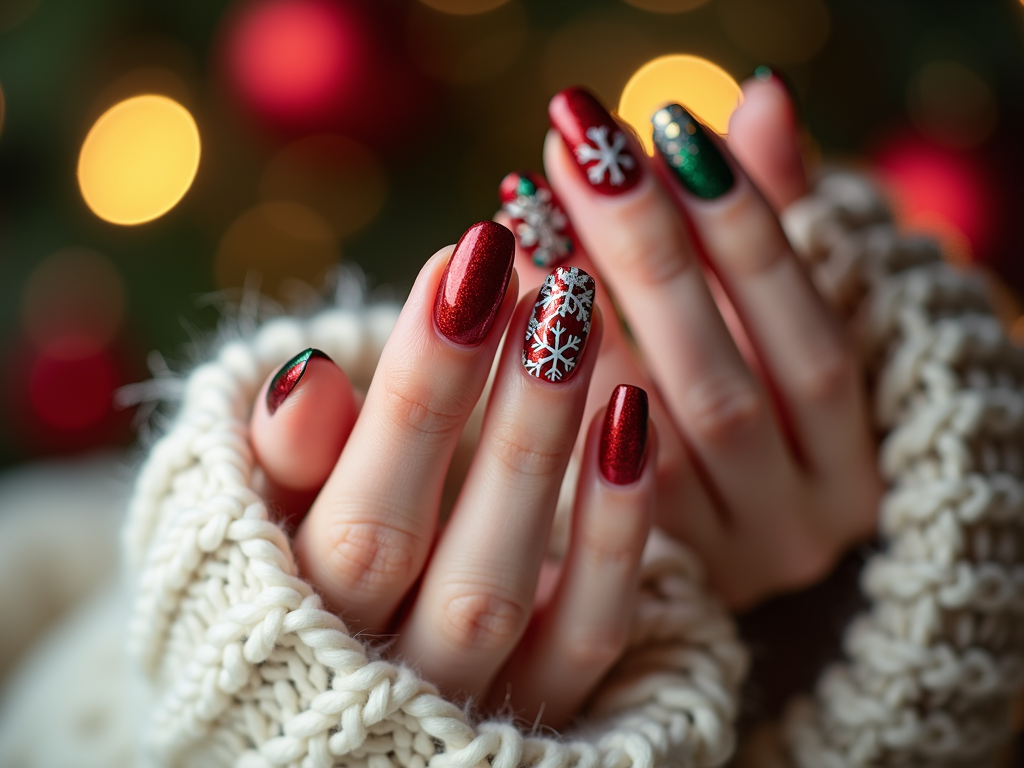  a close-up of a woman's hand with long, pointed nails. The nails are painted with a festive design, featuring red and green colors with white snowflakes scattered throughout. The background is blurred, but it appears to be a Christmas tree with red and gold lights. The hand is resting on a white knitted sweater, and the overall mood of the image is warm and cozy.