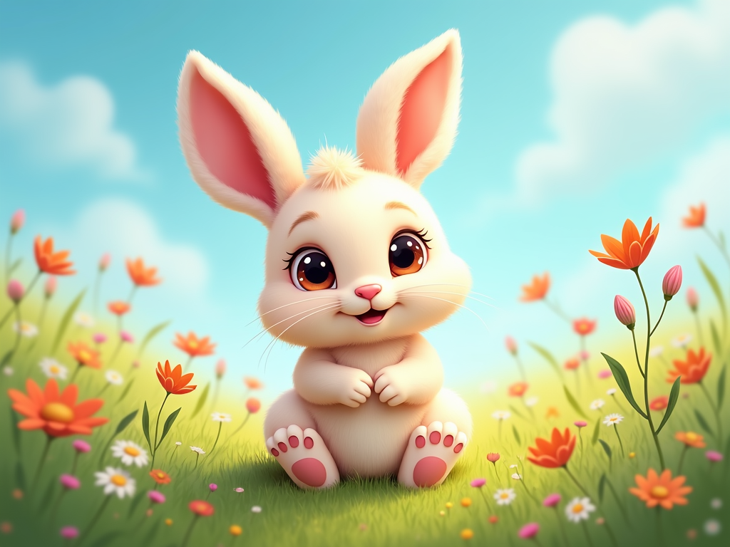 The image is a digital illustration of a cute bunny sitting in a field of flowers. The bunny is white with pink ears and has big, round eyes and a pink nose. It is sitting on its hind legs with its front paws resting on the ground. The background is a bright blue sky with white clouds. The field is filled with orange and pink flowers and green grass. The overall mood of the image is cheerful and playful.