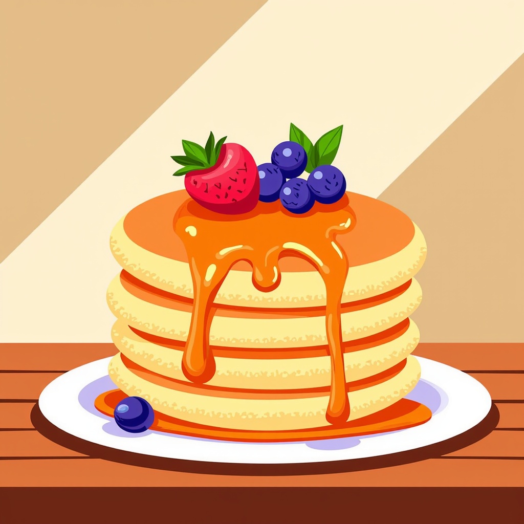 The image is an illustration of a stack of pancakes on a white plate. The pancakes are golden brown and appear to be freshly made. On top of the stack, there is a drizzle of orange syrup that is dripping down the sides of the pancakes. There are also a few blueberries and a strawberry on top. The plate is sitting on a wooden table with a beige background. The overall color scheme of the image is warm and inviting.