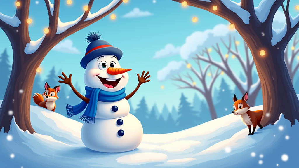 The image shows a snowman and two foxes in the woods. The snowman is wearing a scarf and a cap, and is surrounded by trees covered in snow. The sky in the background is filled with clouds and lights, creating a festive atmosphere. The image is animated, giving it a lively and cheerful feel.