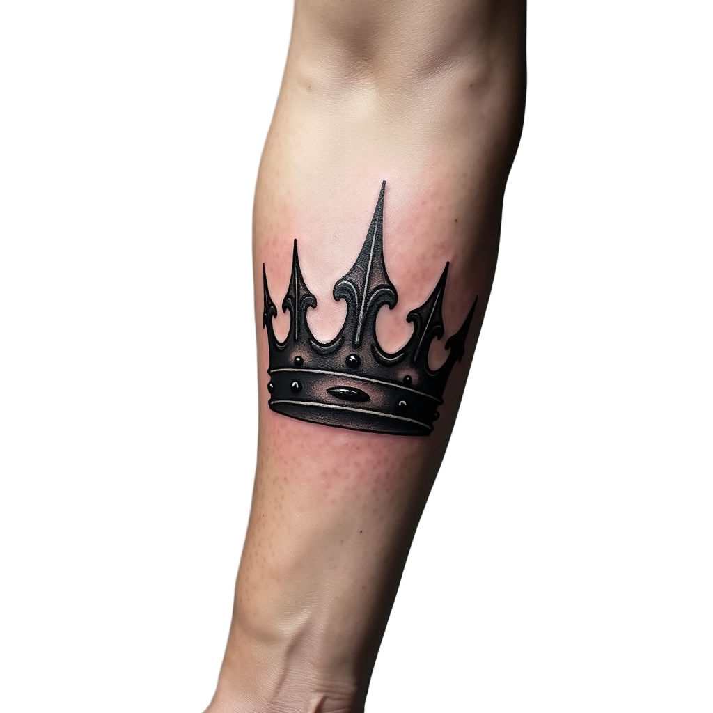 A zoomed-in image of a shiny black ink crown tattoo with sharp edges and smooth lines, positioned sharply on a person's forearm.