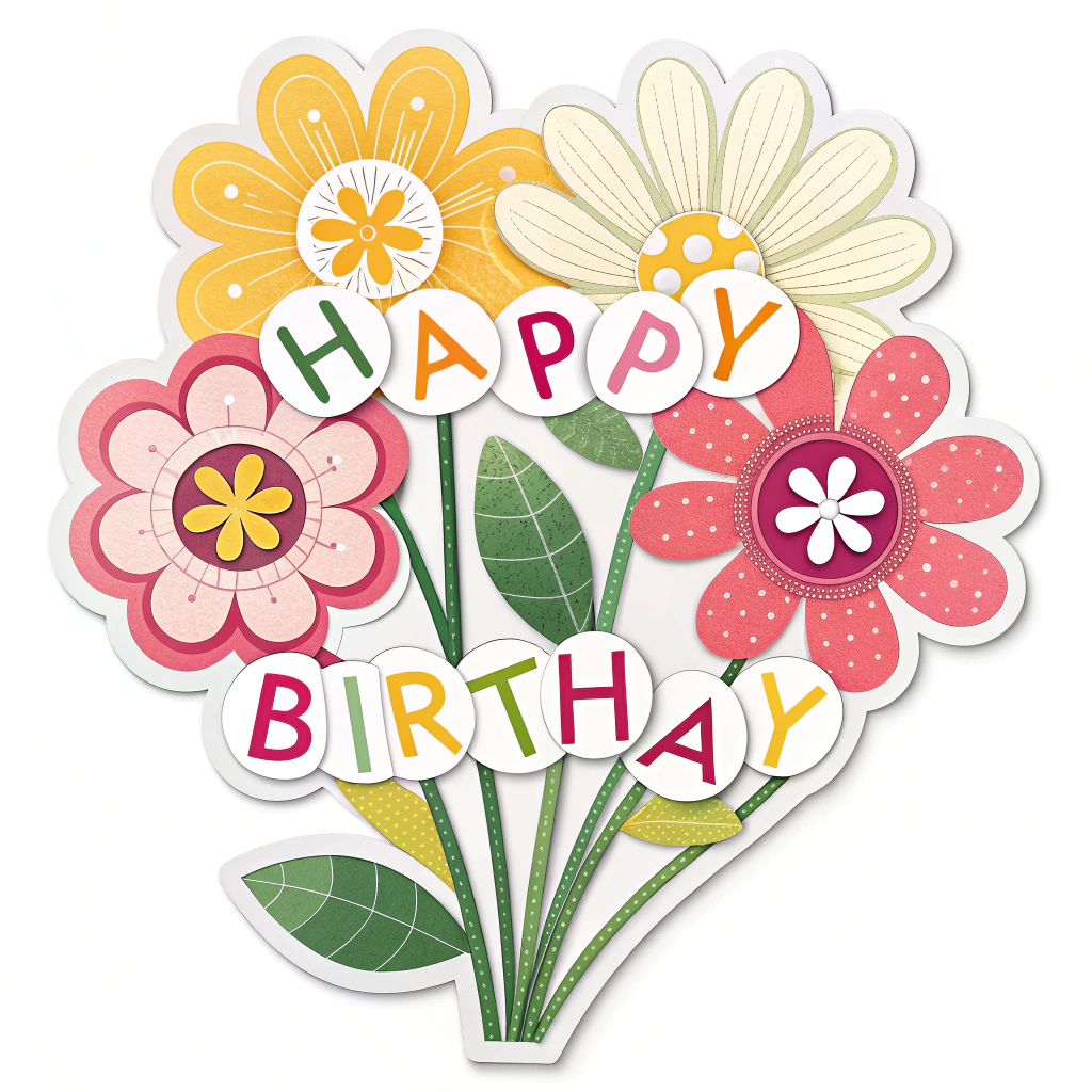 A die-cut sticker shaped like a flower bouquet, with each flower petal containing a letter that spells out 'Happy Birthday'.