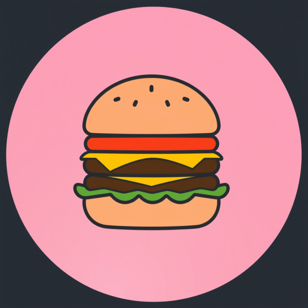 A minimalist hamburger icon featuring the bun, patty, and cheese layers in a simplified form.