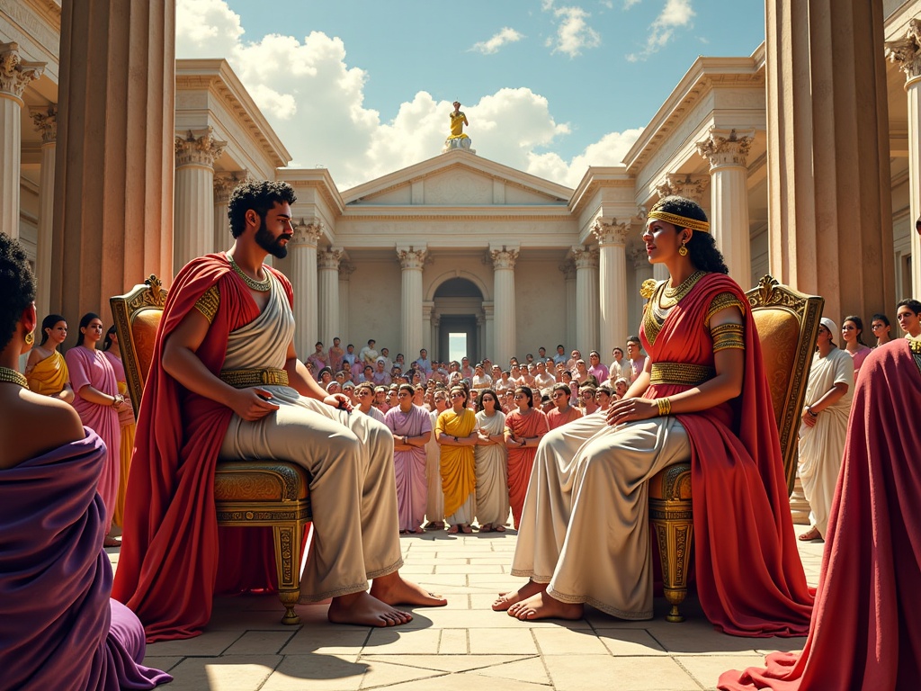 AI Reimagines Ancient Rome: Generate a series of illustrations depicting daily life, famous figures (Caesar, Cleopatra), and monumental events (Colosseum games, Pompeii's destruction) in the style of various AI art generators (e.g., DeepDream, StyleGAN) highlighting surreal, abstract, or hyper-realistic interpretations based on historical texts and archaeological findings.