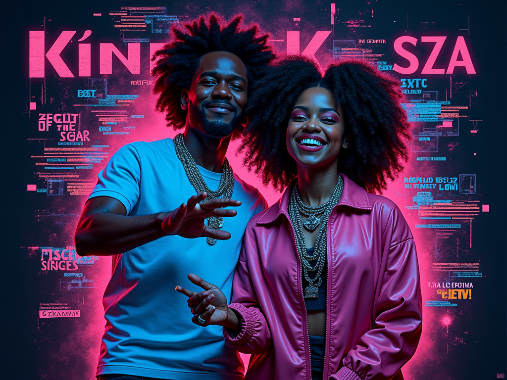Analogue Future Glitch: Combine imagery of Kendrick and SZA with analogue glitch art aesthetics (VHS scan lines, distorted signals, pixelation) and futuristic HUD elements. Use a color palette of neon blues, pinks, and purples against a dark background. Typography could be a mix of clean digital fonts and corrupted character styles.