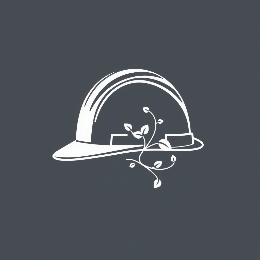 Line art logo depicting the profile of a hard hat, with a delicate vine and leaf subtly growing along its contour.