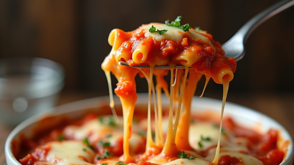 An inviting forkful of baked ziti in mid-air, strands of gooey cheese stretching towards a hungry viewer, showcasing the rich texture and savory ingredients embedded in the pasta.