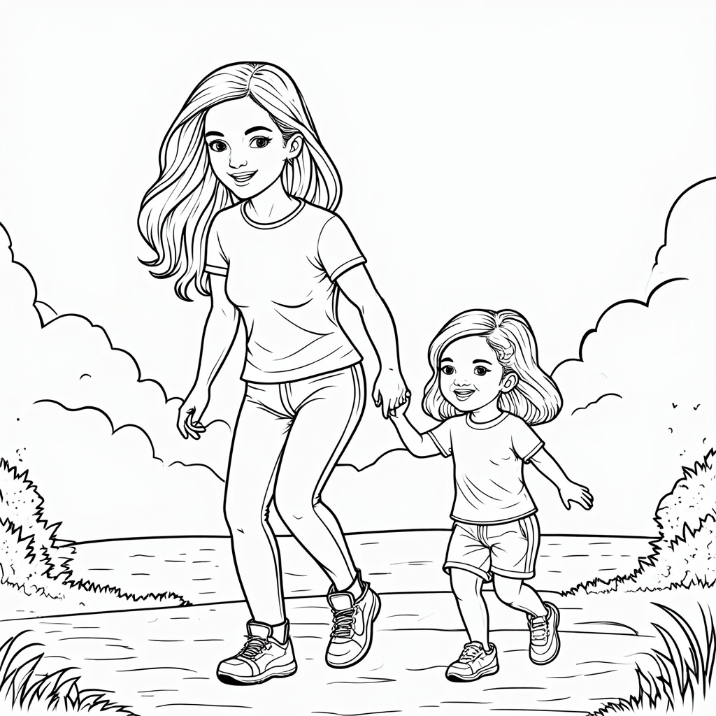 Guiding First Steps: Gentle illustrations of a mother patiently teaching her child a new skill, such as their first steps, riding a tricycle, planting a seed, or drawing, focusing on encouragement and support.