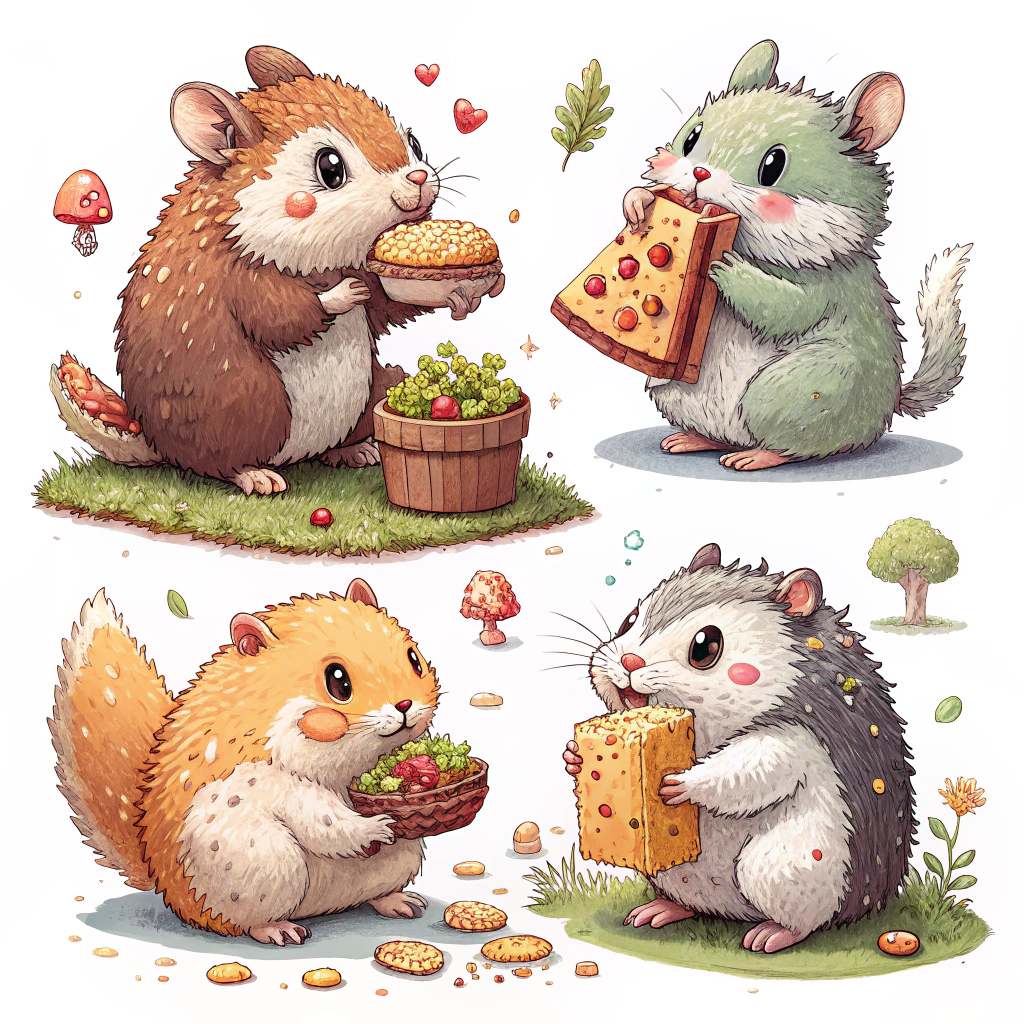 Pixel Pets in Action: Creatures depicted performing cute activities like eating pixelated food, playing with pixel toys, or sleeping.