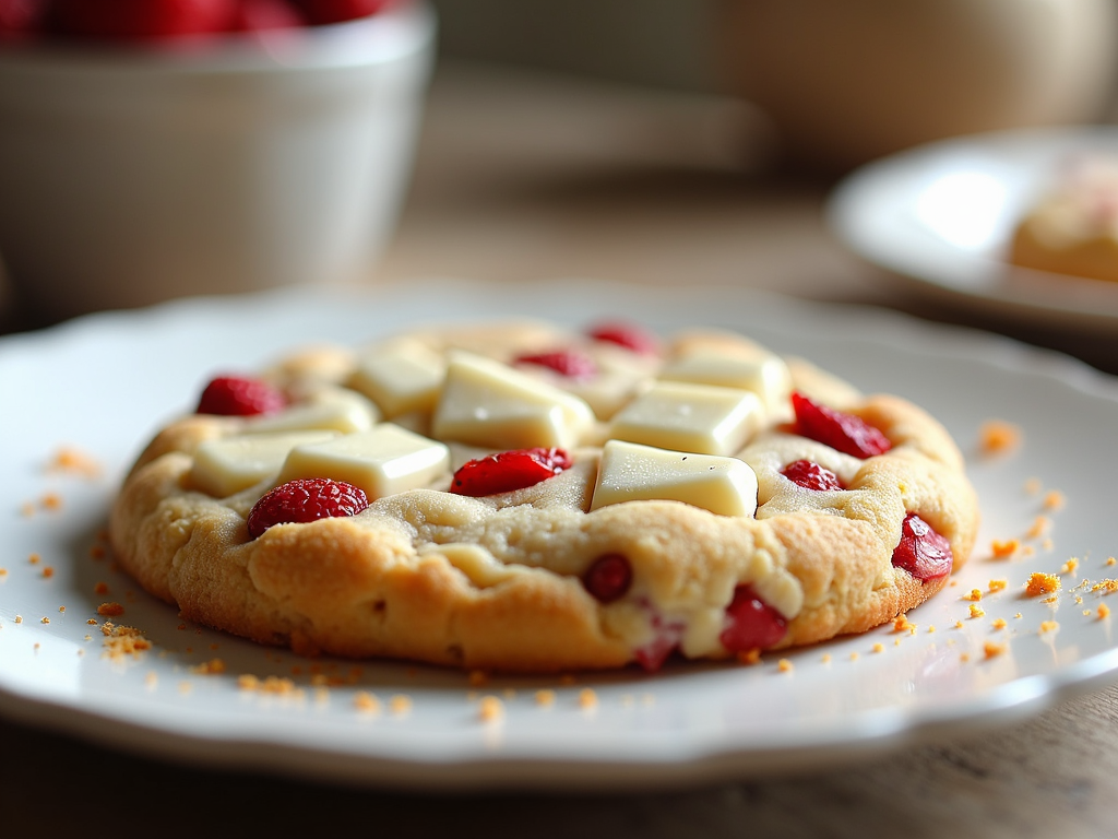 A classic round cookie with visible chunks of white chocolate and small, freeze-dried strawberry pieces scattered throughout.