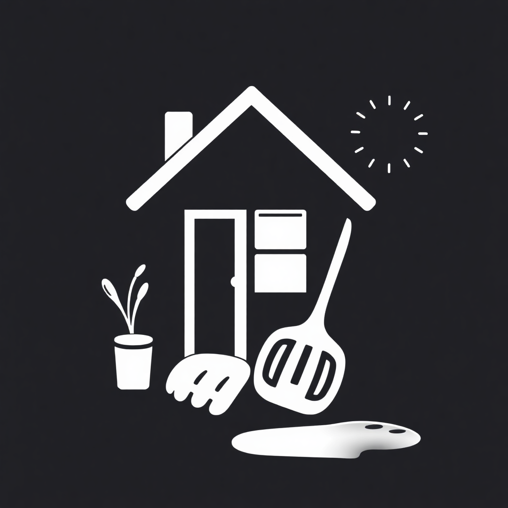 The image is a black square with a white icon of a house in the center. The house is a two-story structure with a sloping roof and a chimney on the left side. Inside the house, there is a small window and a door. On the right side of the image, there are two kitchen utensils - a spatula, a ladle, and a potted plant. The background is black and there are a few small white dots scattered around the house. The overall design is simple and minimalistic.