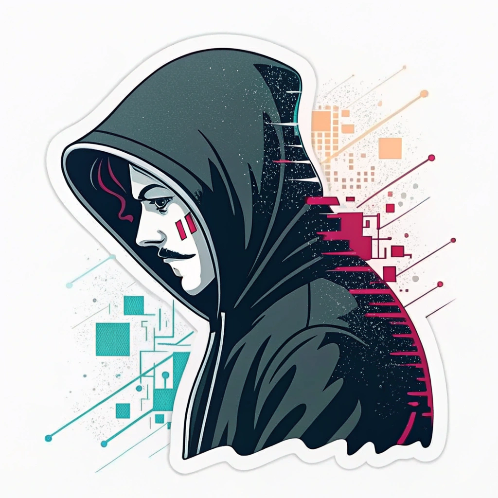 Sub-design 1: A classic anonymous hooded silhouette with digital glitch effects (pixelation, color aberrations, scan lines) emanating from or partially obscuring it, symbolizing digital disruption and anonymity.