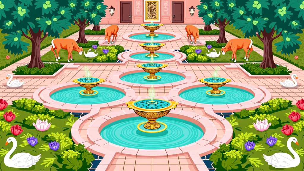 Symmetry and Sacred Geometry: The garden's design emphasizes geometric patterns and symmetry, typical of Islamic art. Pathways, flowerbeds, and fountain structures are laid out in intricate, repeating designs. Flora could be stylized, with perfectly symmetrical leaves and blossoms. Fauna, like swans or deer, could be depicted in mirrored pairs. Fountains are multi-tiered, adorned with mosaic tiles and calligraphy.