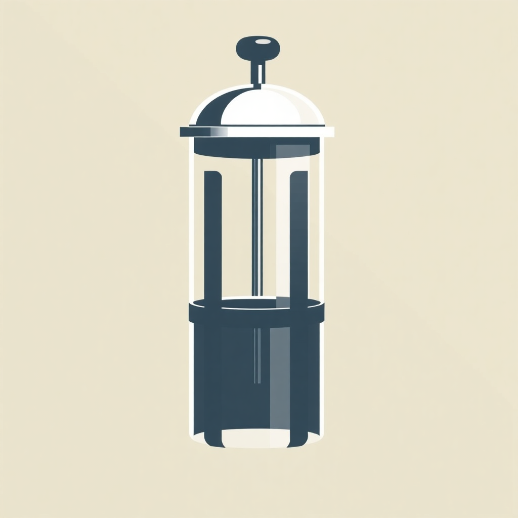 The image is an illustration of a French press coffee maker. It is a cylindrical glass jar with a black lid and a black base. The jar has a handle on top and a spout on the side. The lid is slightly open, revealing the contents inside. The base of the jar is made of glass and has a black stripe running along the bottom. The background is a light beige color. The overall design is simple and minimalistic.