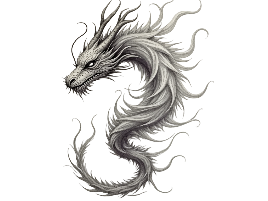 A ghost-like dragon in soft greys and whites, spirals down a spine, its ethereal form suggesting a presence both powerful and hidden.