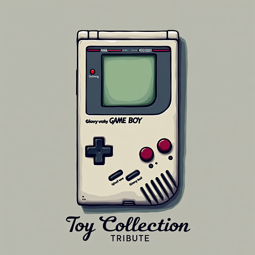 A minimalist design showcasing a single, highly detailed illustration of a beloved vintage toy (like a Game Boy or a My Little Pony) with the phrase 'Toy Collection Tribute' subtly integrated beneath it.