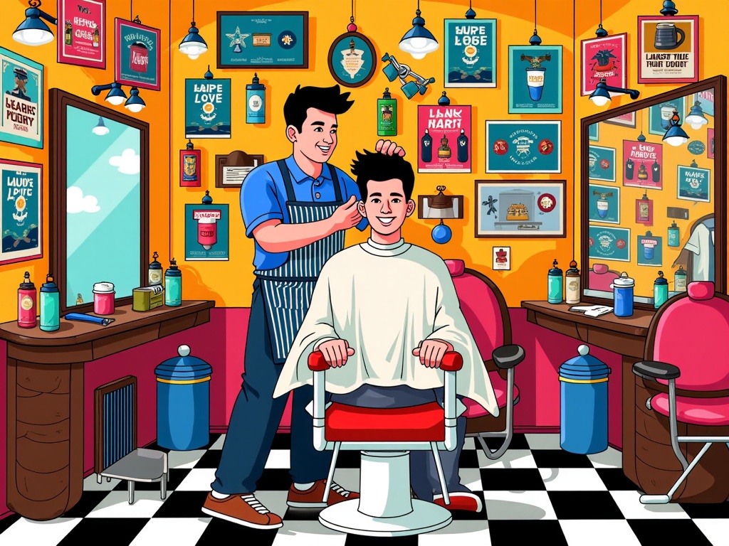  a barber shop with a young man sitting in a red barber chair. The barber is standing behind the barber, wearing a blue apron and holding a pair of scissors. The young man is smiling and appears to be getting his hair cut. The background of the image is a yellow wall with various barber tools and posters hanging on it. There is a large mirror on the right side of the room and a pink chair on the left side. The floor is covered in black and white checkered tiles.