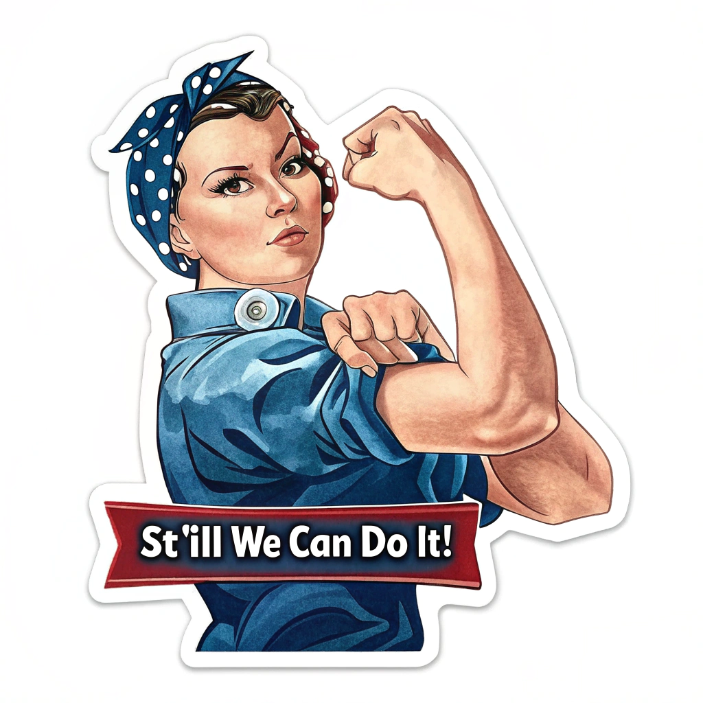 Sub Design Idea 2: 'Revived Rosie/Ronnie the Worker' - A modernized 'Rosie the Riveter' or a male/non-binary counterpart, representing diverse contemporary essential workers. Style: WPA poster aesthetic with strong, graphic illustration and an encouraging slogan. Slogan: 'Still We Can Do It!' or 'Our Labor, Our Future'.