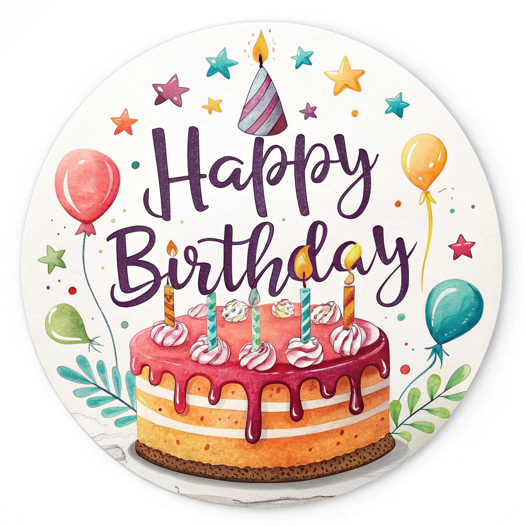 A circular sticker featuring a birthday cake with candles and the text 'Happy Birthday' wrapping around it.