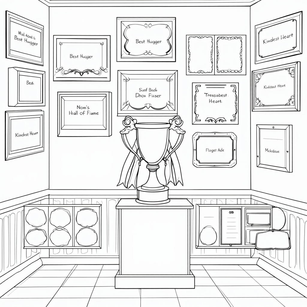 A 'Mom's Hall of Fame' concept: a wall decorated with various framed 'awards' (e.g., 'Best Hugger,' 'Kindest Heart') alongside a central trophy and ribbons, with some blank award plaques for personalization.