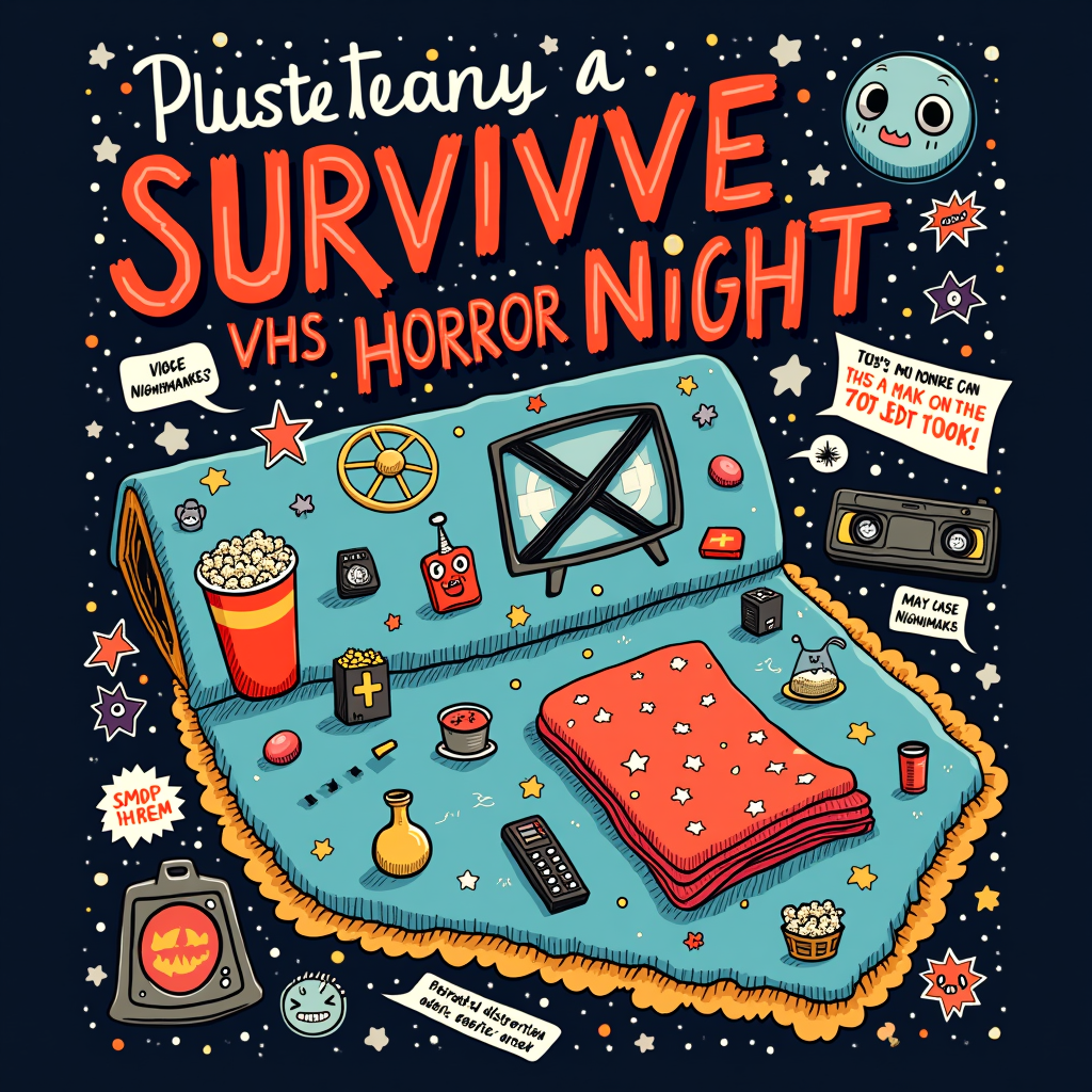An illustrated 'guide' to surviving a VHS horror night, featuring small icons of essential items (popcorn, remote, blanket to hide under) and spoof warning labels like 'May Cause Nightmares' or 'Parental Discretion Advised - Seriously'.