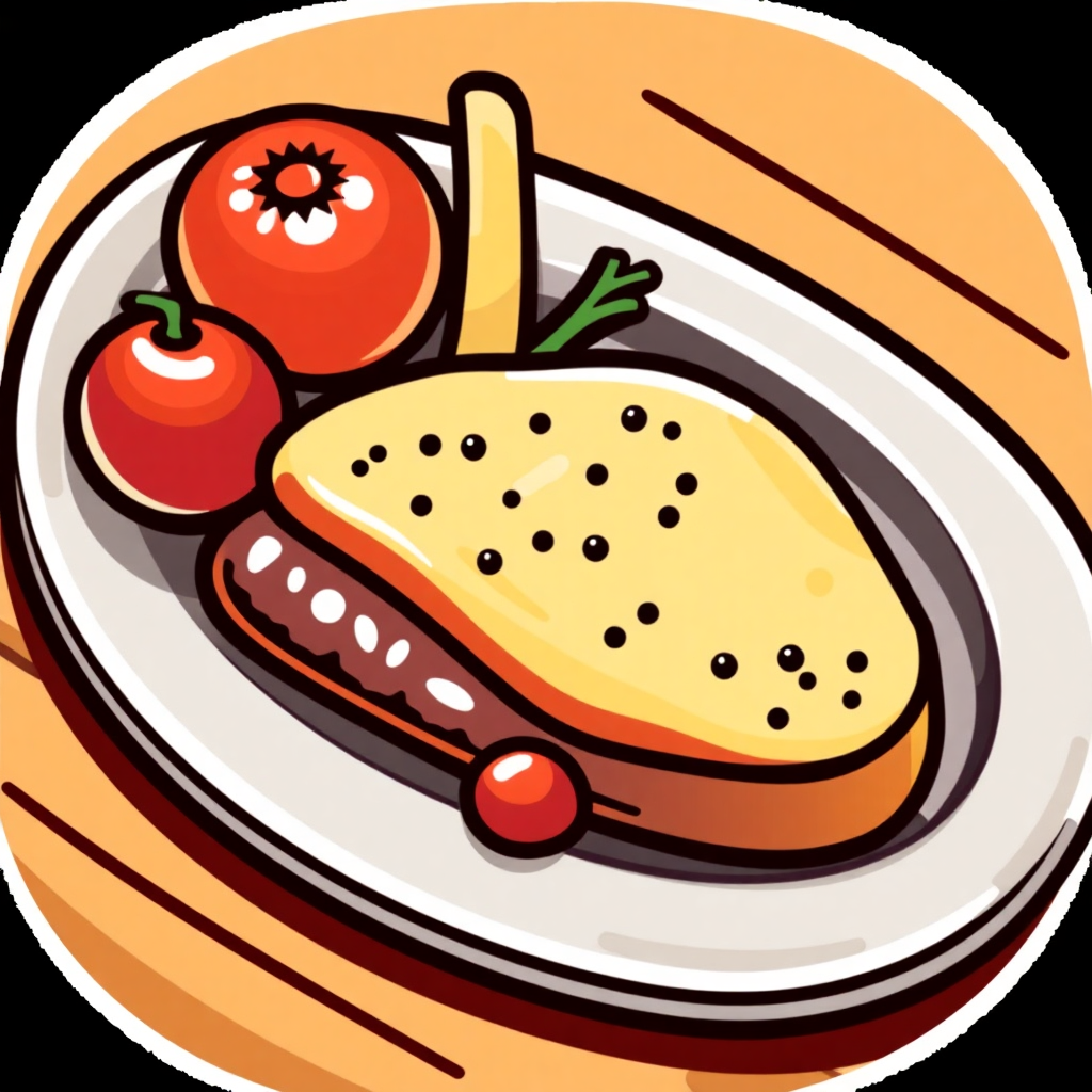 The image shows a plate with a hamburger and two tomatoes on it. The plate is white and the hamburger is a golden-brown color. The tomatoes are a bright red and are arranged around the plate.