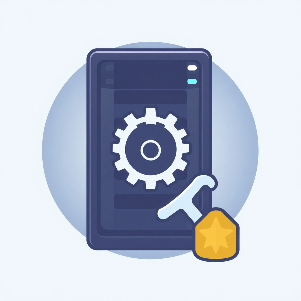 The image is an illustration of a smartphone with a gearwheel on the screen. The smartphone is in the center of the image and is blue in color. The gearwheel is white with a black center and is surrounded by a blue circle. On the right side of the smartphone, there is a yellow star-shaped key with a white handle. The key is pointing towards the gearwheel, indicating that it is being used to unlock the phone. The background is light blue.