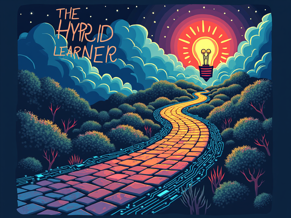 An illustration of a pathway made of alternating digital circuits/mouse clicks and bricks, leading towards a symbol of knowledge like a lightbulb or an open book. 'The Hybrid Learner' could be text following the path or at its destination.
