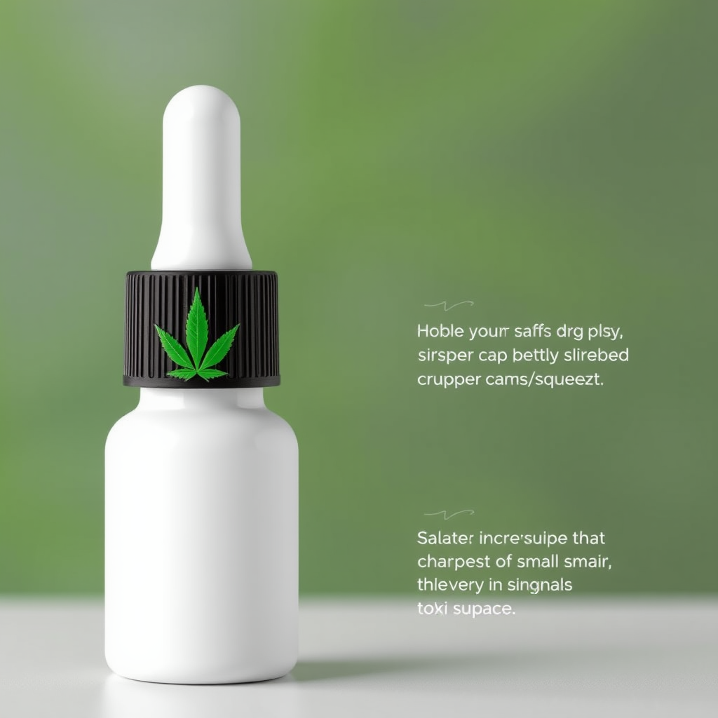 Leaf-Integrated Cap Design: The dropper bottle silhouette features a rubber cap/squeezer that subtly incorporates the characteristic shape of a cannabis leaf, or has a small, distinct leaf insignia on its top surface.