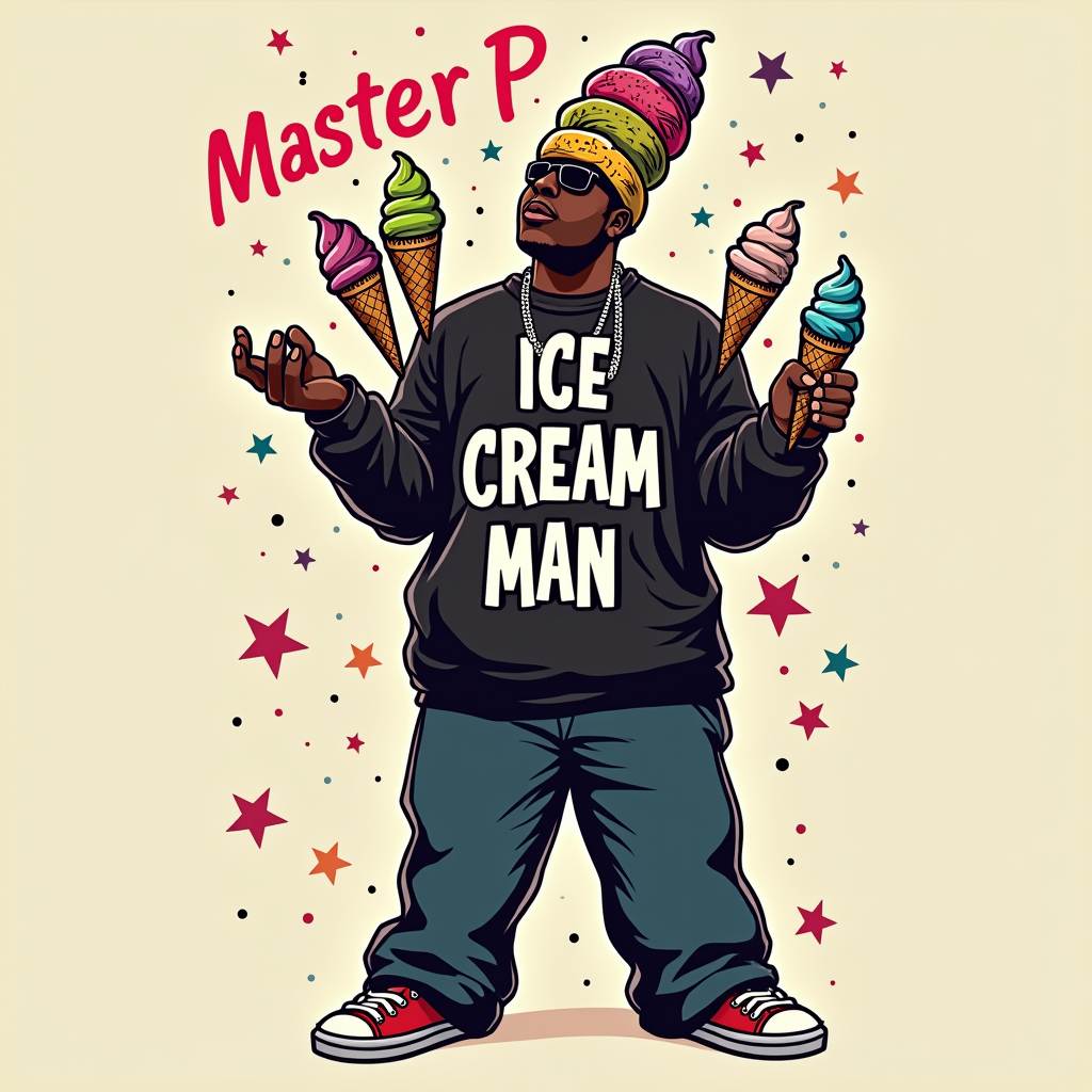 Silhouette & Scoops: A classic Master P silhouette, perhaps from an iconic pose, with colorful, cartoonish ice cream scoops stacked on his head or around him, and 'Ice Cream Man B-Day Edition' text integrated stylishly.