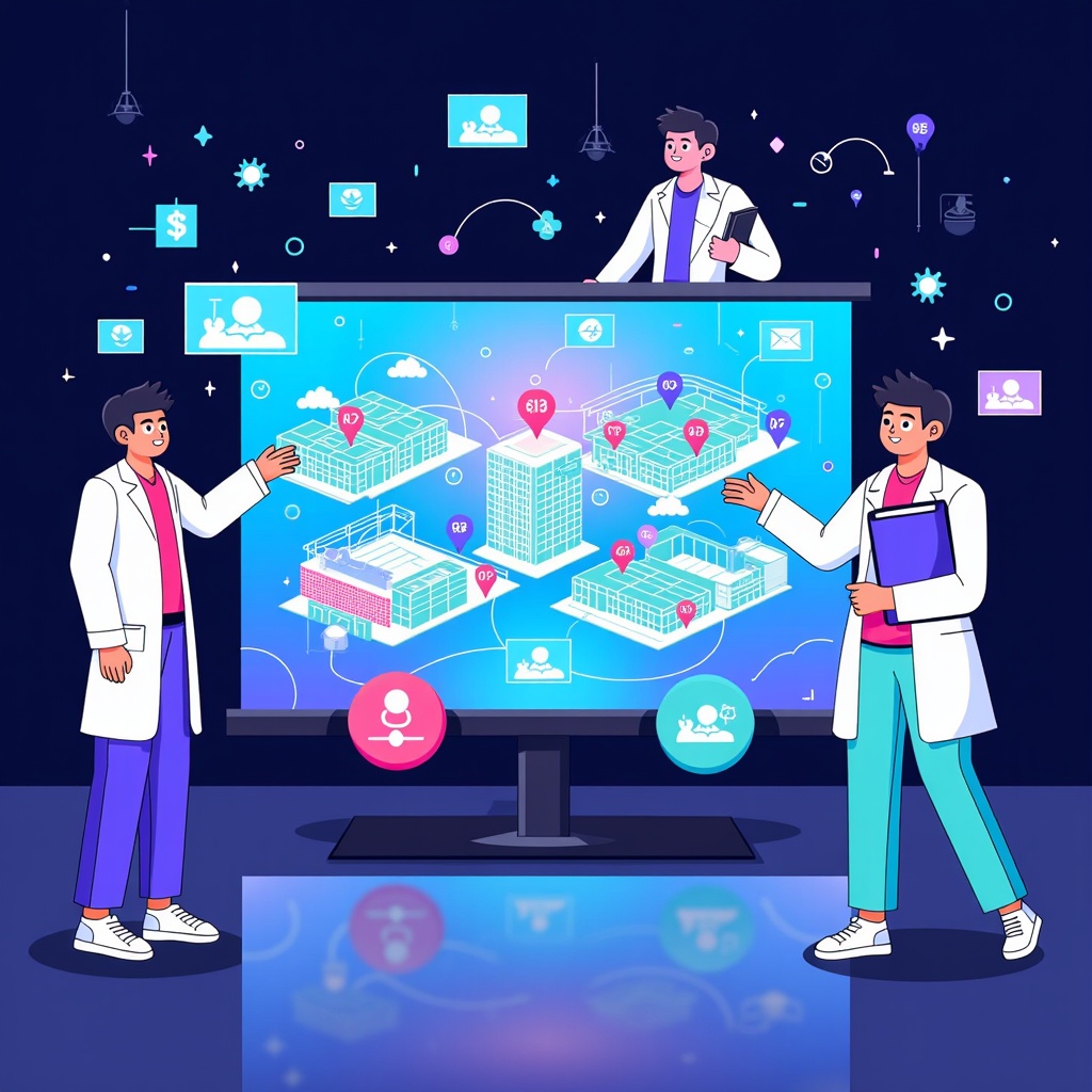 Show a 'digital twin' of the hospital on a large screen or holographic projection, where AI algorithms simulate and optimize patient flow and resource allocation. Doctors and administrators interact with this interface, observing real-time adjustments and predictive models for efficient management.