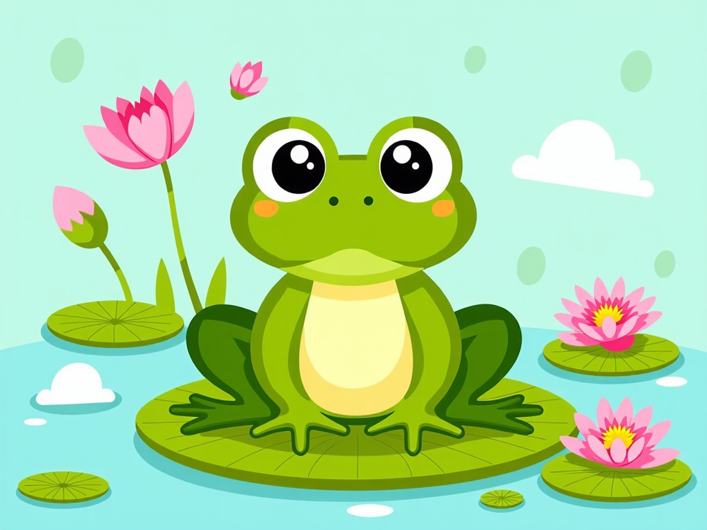 The image is a digital illustration of a green frog sitting on a lily pad in a pond. The frog is facing the camera and has big, round eyes and a big smile on its face. It is sitting on its hind legs with its front paws resting on the pad. The background is a light blue color with white clouds and pink water lilies floating on the surface of the water. There are also two pink lotus flowers on either side of the frog. The overall theme of the image is peaceful and serene.