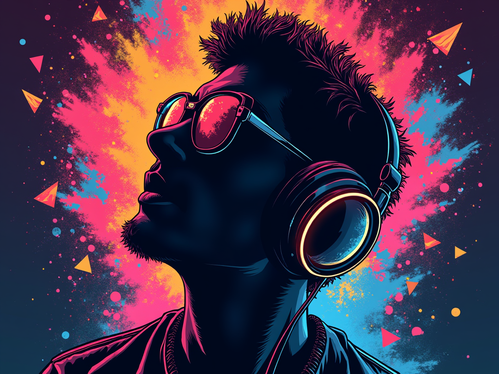 Sub Design 4: A close-up silhouette of a raver's head and shoulders, wearing headphones, with vibrant, abstract sound waves and geometric patterns visually emanating outwards, representing the immersive power of the music.