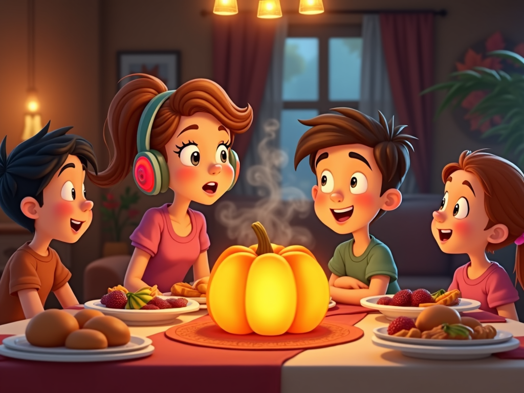 A magical Thanksgiving dinner scene in a cartoon setting. A charmed pumpkin centerpiece glows amidst a table filled with classic dishes like cranberry sauce and freshly baked bread rolls. Cartoon family members giggle and converse animatedly, with an adolescent wearing headphones caught mid-laugh at a relative's joke.