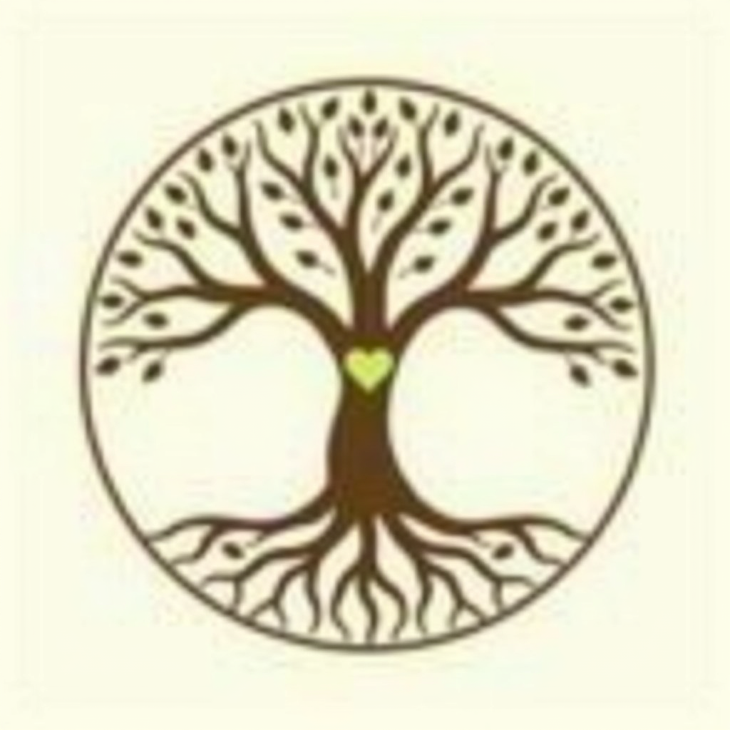Simple Icon Idea: A simplified, circular Tree of Life symbol, with roots and branches forming a balanced, symmetrical pattern, possibly with a small globe or heart at its core.