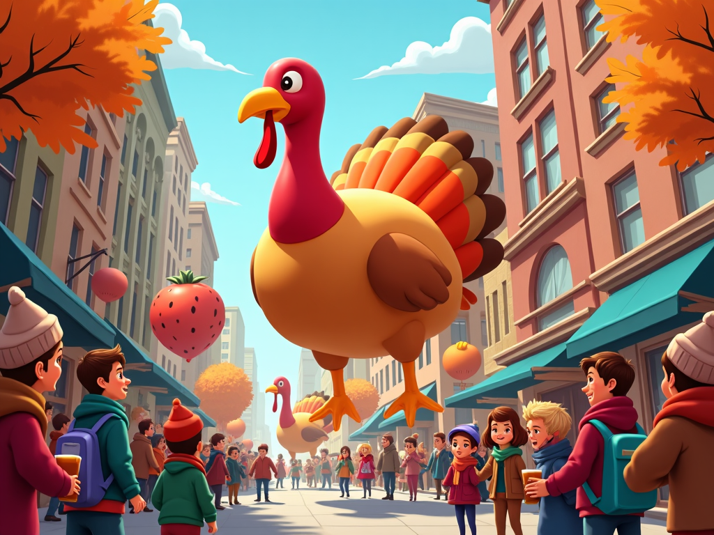 A colorful Thanksgiving parade in a cartoon city sketch, where giant inflatables of turkey, cranberries, and autumn leaves glide past skyscrapers. Spectators, some adjusting scarves and hats, watch joyfully. A family at a window in the background shares apple cider, adding layers of warmth and community interaction to the playful holiday scene.