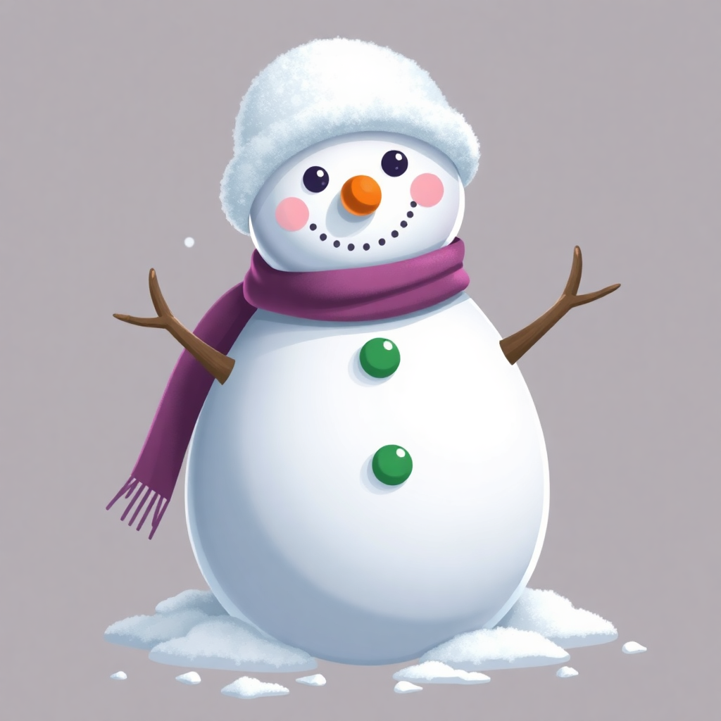 The image shows a snowman with a scarf and hat standing in the snow. It is animated and has a cheerful expression on its face. The snowman is surrounded by a blanket of white snow, giving it a wintery feel.