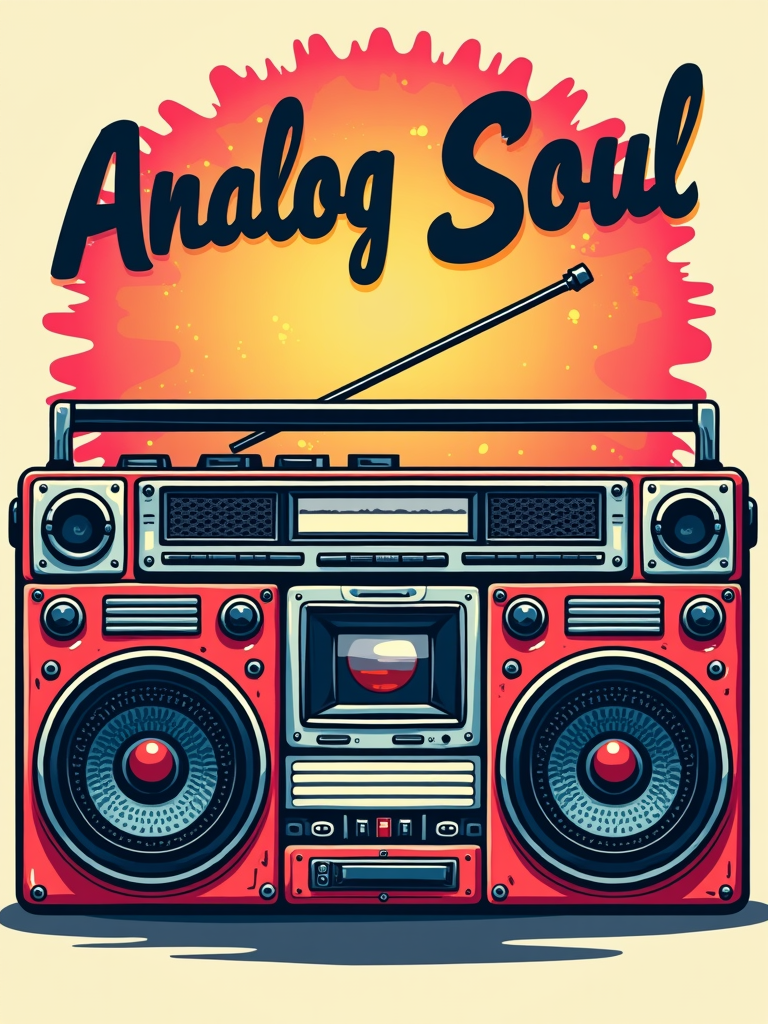 A bold, graphic representation of a classic 80s boombox, emphasizing its chunky buttons, dual speakers, and an_T_ENNA. Could incorporate phrases like 'Analog Soul' or 'Original Sound'.