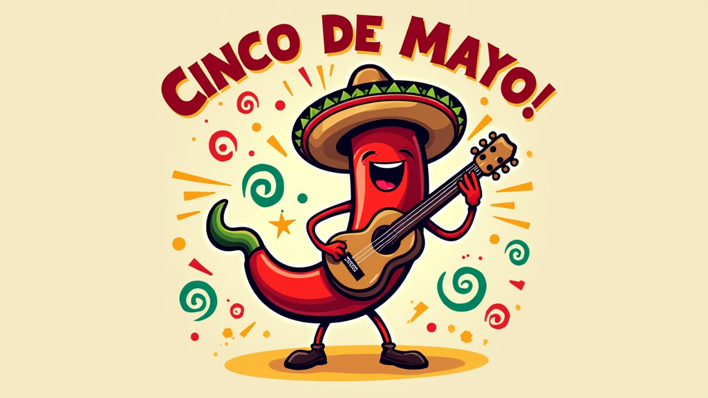 Sub-design idea 2: A playful cartoon chili pepper character wearing a mini sombrero, playing a small guitar or shaking maracas, surrounded by festive swirls and 'Cinco de Mayo Fiesta!' text in a fun, dynamic font.