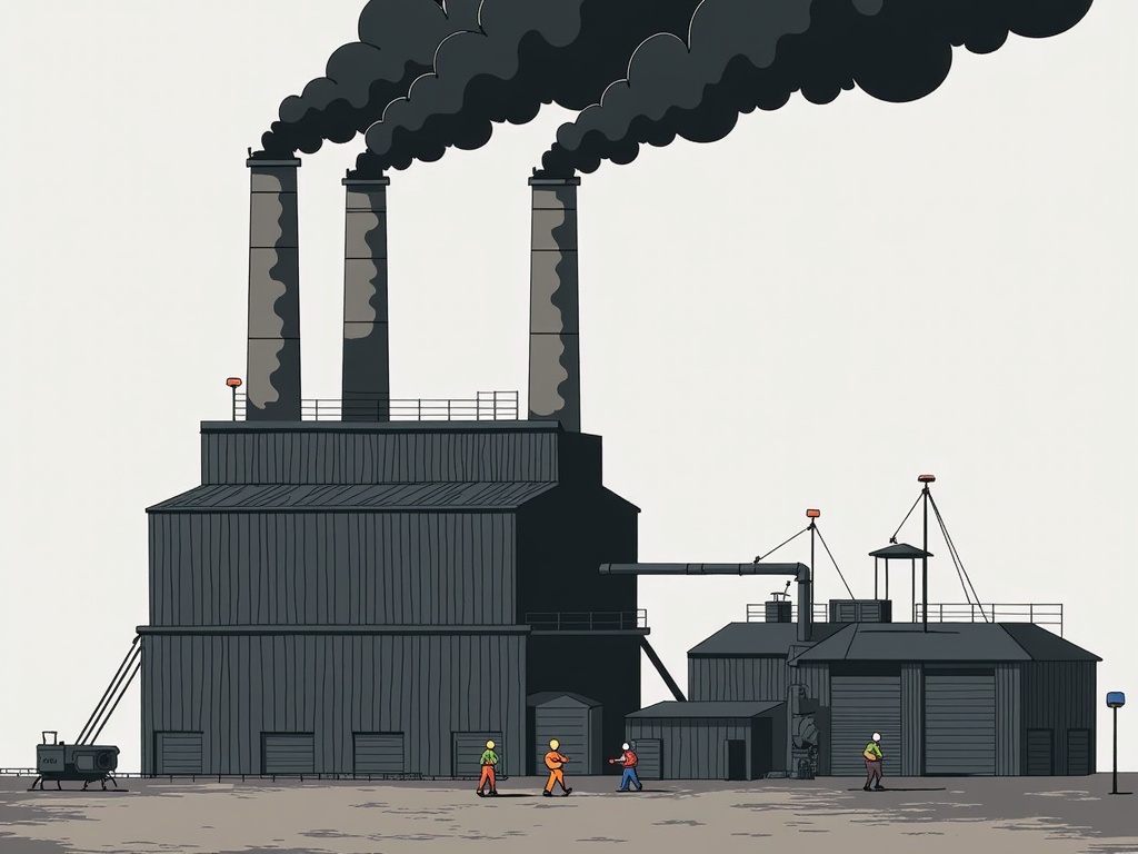 The image is an illustration of a factory with three tall chimneys emitting black smoke. The chimneys are tall and cylindrical, with a flat roof and multiple levels. The smoke is billowing out of the chimneys, creating a large plume of black smoke that is rising up into the sky. In front of the factory, there are several workers wearing orange hard hats and safety vests, walking towards the chimney. On the right side of the image, there is a large industrial building with a crane and other machinery. The ground is barren and there are no other buildings or structures visible in the background.