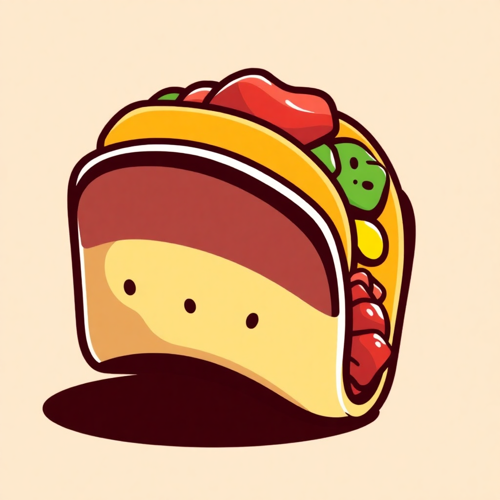 The image is an illustration of a taco. The taco is in the shape of a tortilla with a yellow base and a red top. The top of the taco is filled with various toppings, including lettuce, tomato, and cheese. There are also small black dots scattered throughout the taco, giving it a cartoon-like appearance. The background is a light beige color.