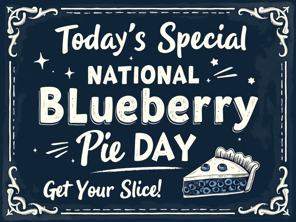A design resembling a 1950s diner menu special board. A chalkboard-like background with hand-drawn style text: 'Today's Special: National Blueberry Pie Day! Get Your Slice!' Include a simple drawing of a pie slice and perhaps some cartoon blueberries.