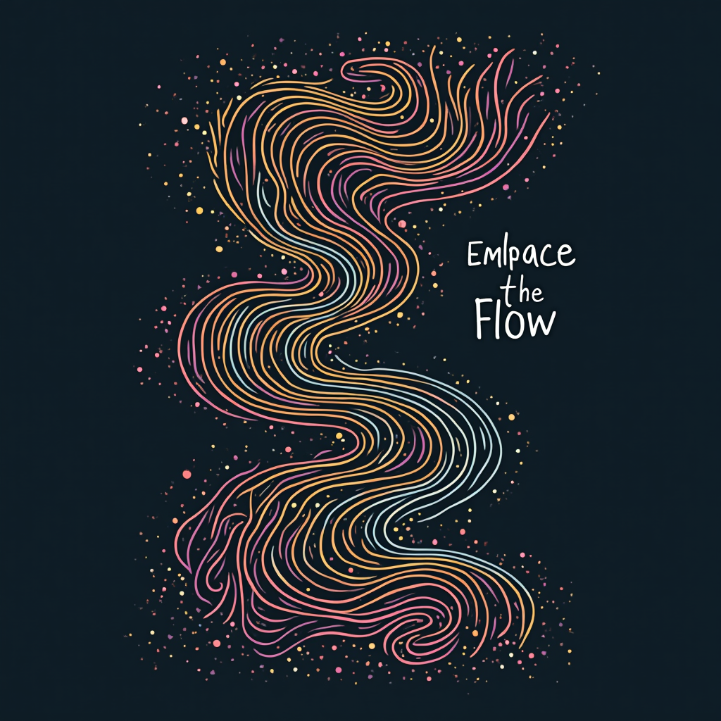 A single, unbroken line art piece that meanders and twists across the T-shirt, forming abstract patterns or subtly suggesting human forms in transition. The line could change color along its path, accompanied by the phrase 'Embrace the Flow' in a clean font.
