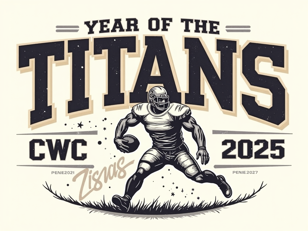 Vintage Athletic 'Titans' Design: A retro-inspired design using classic collegiate or athletic typography for 'TITANS' and 'CWC 2025', perhaps with a stylized mascot-like titan figure in a football pose. Include 'Year of the Titans' as a smaller detail, possibly with a distressed look.