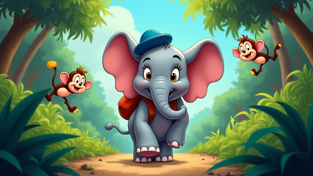 An adventurous elephant character wearing a tiny hat and backpack, exploring a lush jungle with exaggerated plants and playful creatures.