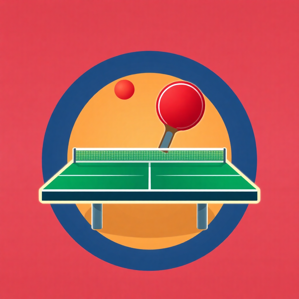 The image is a graphic illustration of a ping pong table. The table is green and has a blue circle around it. In the center of the circle, there is a red ping-pong paddle and a red ball. The background is a gradient of orange and yellow colors. The overall design is simple and cartoon-like.