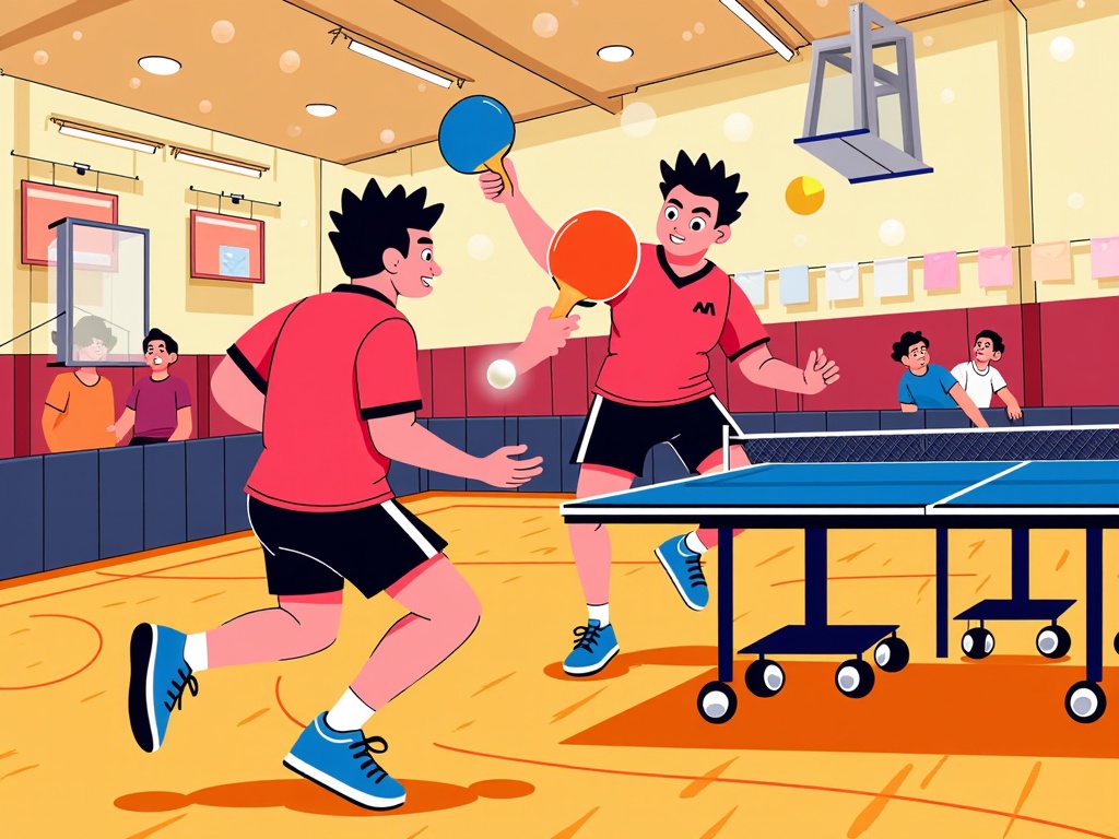  two young men playing table tennis in a gymnasium. They are both wearing red t-shirts, black shorts, and blue sneakers. The man on the left is holding a blue ping pong paddle and is in the process of hitting the ball with it, while the man in the middle is ready to hit the ball. There is a ping-pong table in front of them and a basketball hoop on the right side of the image. In the background, there are other players and spectators watching the game. The floor is made of orange tiles and the walls are painted in a light yellow color.