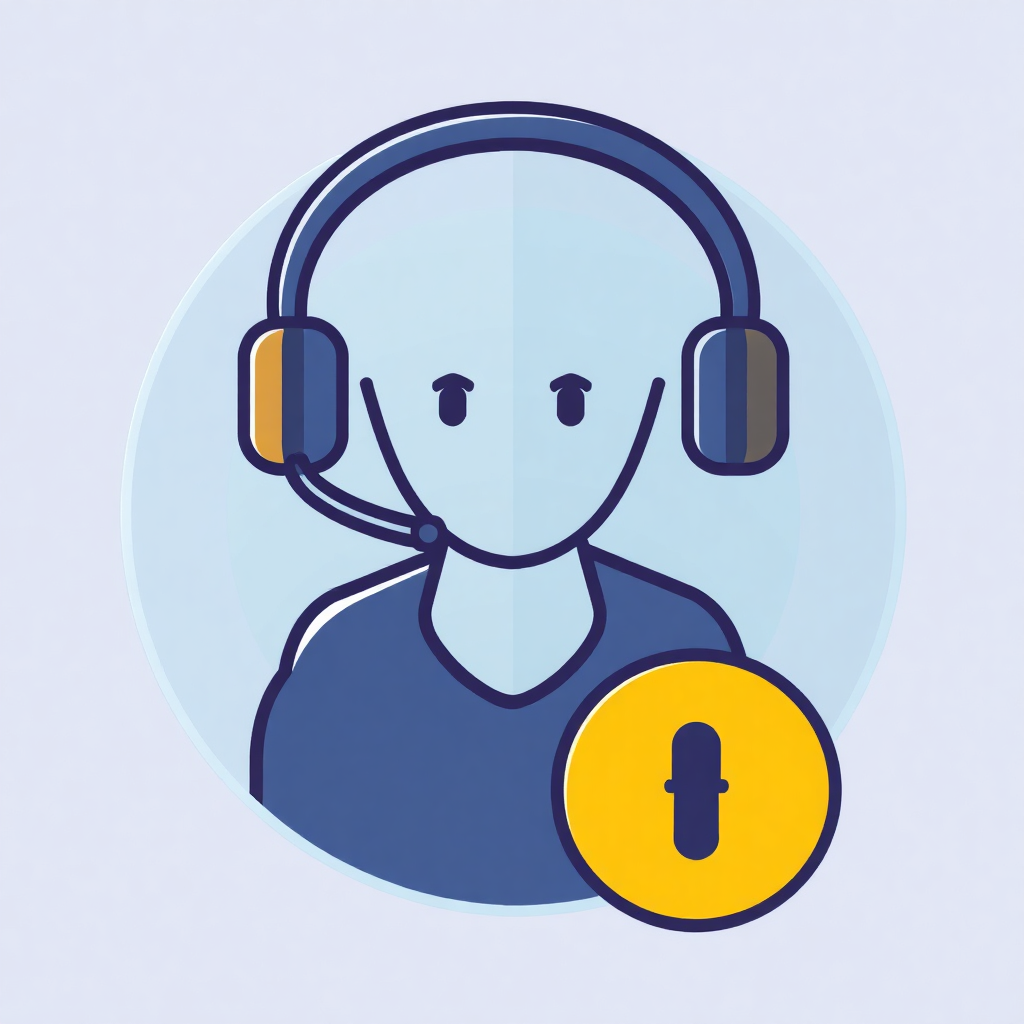 The image is an illustration of a person wearing a headset with a microphone attached to it. The person has a round face with two small eyes and a small nose. They are wearing a blue shirt and the headset is blue. The background is a light blue circle. In the center of the circle, there is a yellow button with a black microphone icon. The overall design is simple and minimalistic.